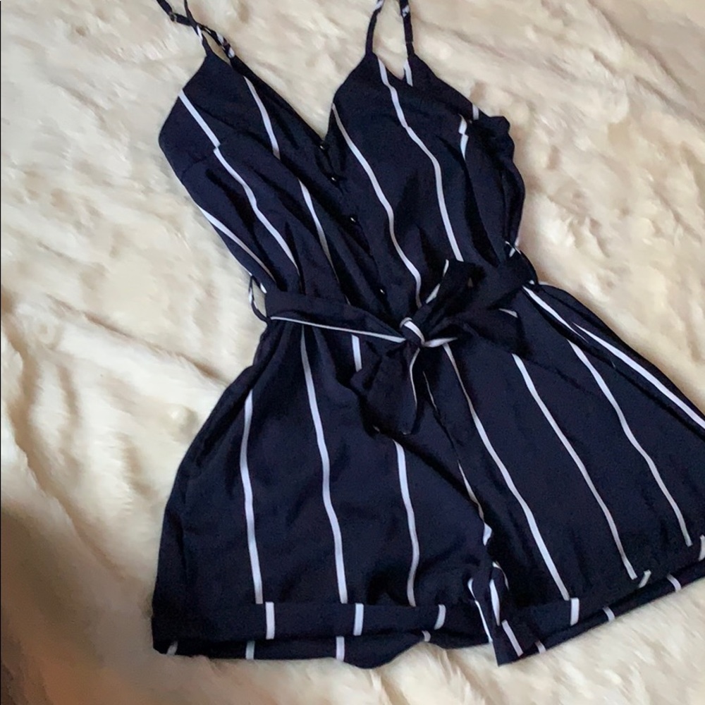 Blue and white striped romper